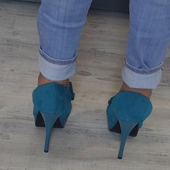 Dark Teal Blue Open Toe Platform Bow Heels Size 7.5 - Picture 6 of 7